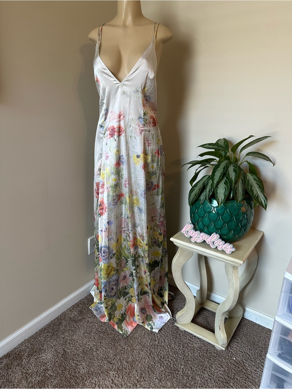 ASOS Floral V-Neck Satin Slip Dress - White Multi